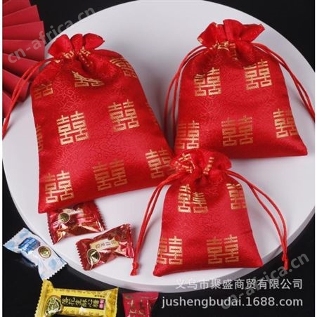 新款红色双喜婚庆用品创意抽绳喜糖袋子织锦糖果袋回礼品袋批发