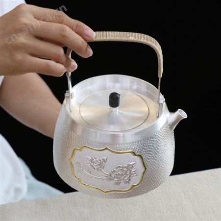 牡丹锤纹纯手工银壶纯银999一张打泡茶烧水壶日式家用功夫银茶具