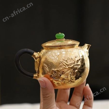 鎏24K金迷你小银壶纯银999泡茶手工银茶壶端把功夫茶具玉摘木柄壶