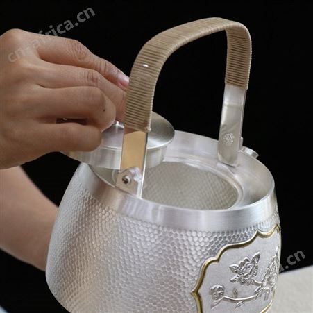 牡丹锤纹纯手工银壶纯银999一张打泡茶烧水壶日式家用功夫银茶具