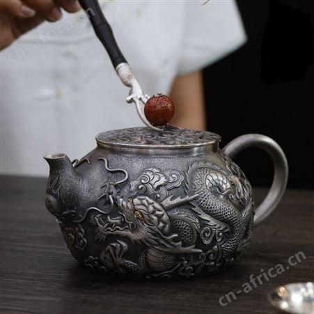 大容量550毫升双龙戏珠999纯银烧水泡茶壶手工高浮雕银茶壶公道杯