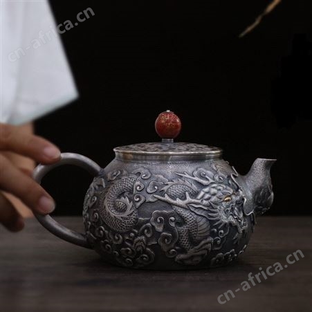 大容量550毫升双龙戏珠999纯银烧水泡茶壶手工高浮雕银茶壶公道杯