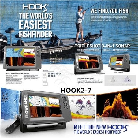 Lowrance美国HOOK2-7 HDI TS探鱼器 GPS海图下扫+侧扫 声呐鱼探仪