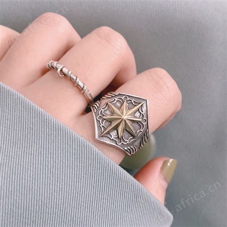 意轩男女重工宽八芒星潮酷小众设计个性暗黑图腾指环厂家直供